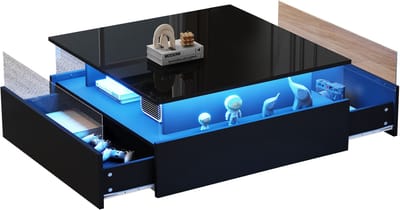 Zwarte LED Salontafel - Moderne Hoogglans Salontafel - Met 2 Lades - App Bediening - 30 kg Draaggewicht - Voor Moderne Woonkamer - 70x70x41 cm - Zwart