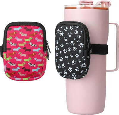kwmobile Drinkfles tas voor waterflessen - 2 flessenhouders tassen - Kleine tas met rits en elastiek - Flessenhanger - poederroze / zwart / wit