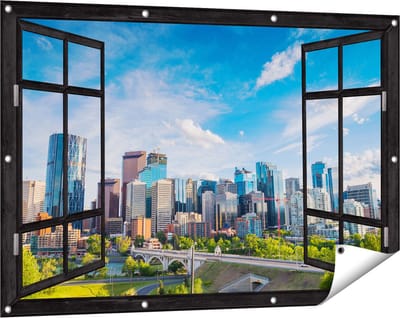 Gards Tuinposter Doorkijk Skyline Calgary Stad in Canada - 120x80 cm - Tuindoek - Tuindecoratie - Wanddecoratie buiten - Tuinschilderij