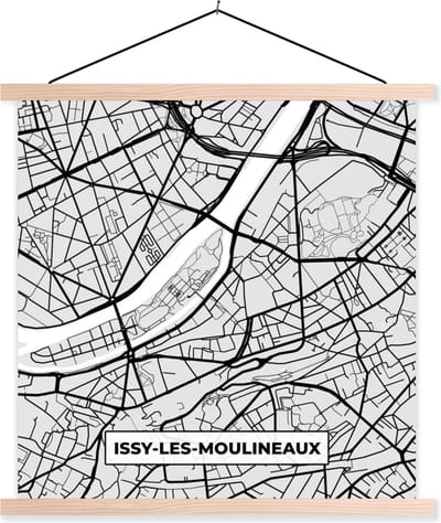 Posterhanger incl. Poster 40x40 cm - Schoolplaat - Kaart - Stadskaart - Frankrijk - Issy-Les-Moulineaux - Plattegrond - Textielposter - Blanke latten - Stadskaart