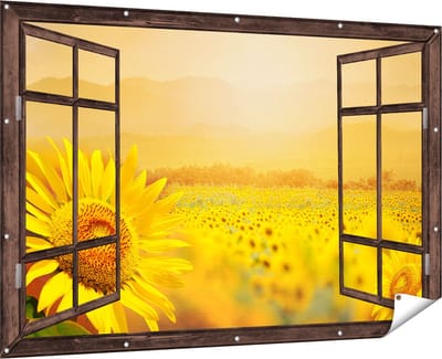 Gards Tuinposter Doorkijk Zonnebloemen Veld met Zonopkomst - 180x120 cm - Tuindoek - Tuindecoratie - Wanddecoratie buiten - Tuinschilderij