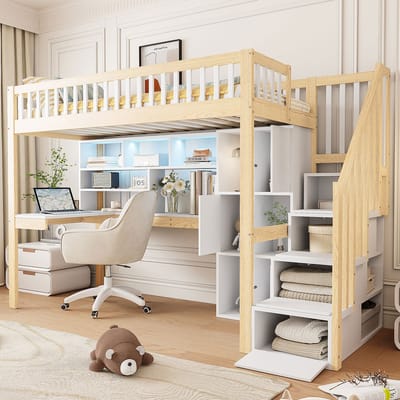MODFU Hoogslaper 90x200 cm – 250x95x165 cm – Wit/naturel grenenhout met bureau, opbergladder, planken en LED – 120 kg
