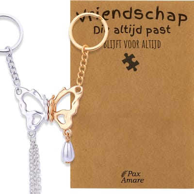BFF Sleutelhanger voor 2 'Vriendschap die altijd past' - Vlinder - Sleutelhanger set op Cadeau Kaartje - Goudkleurig & Zilverkleurig - Vriendschap Symbool - Pax Amare