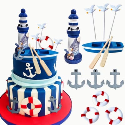 Maritieme Taartdecoratie Set 11-delig – Zeeman Thema Cake Topper – Boot, Vuurtoren, Reddingsboeien & Ankers – Verjaardagstaart Decoratie