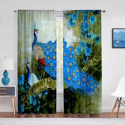 Pauwblauw Mooie Vogel Bloemen Plant Transparante Gordijnen voor Woonkamer Slaapkamer Decor Tule Gordijnen Keuken Chiffon Gordijn 1 PCS W100XH250cm&Rod Pocket