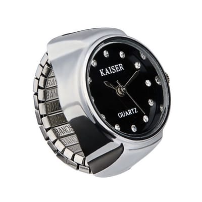 Ringhorloge Vinger Horloge Ring - Zilver met Zwarte Wijzerplaat en Steentjes - One Size Fits All Rekband - Kaiser Quartz - 22mm