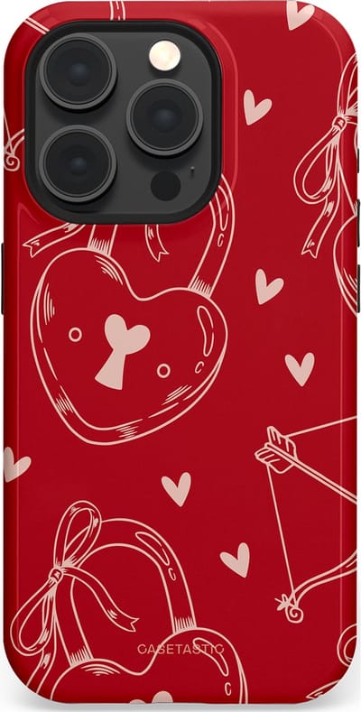 Casetastic Hoesje Geschikt voor Apple iPhone 15 Pro Magsafe - Stijlvolle Beschermende Duo-layer Case - Hartendief - Liefdes Slotjes - Valentijn - Valentine - Love - Rood Wit