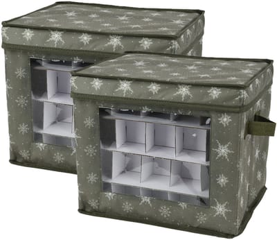 Decoris kerstballen opbergbox - 2x - groen - 33,5 x 33,5 x 24,5 cm - polyester - opvouwbare opbergbox - kerstballen doos - kerstdecoratie opbergen