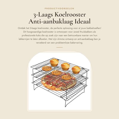 Dailygoods- Koelrooster 3-Laags - Roestvrij Staal - Anti-aanbaklaag - Gelijkmatige Koeling - Geschikt voor Koekjes/Cake - 34 x 24,5 x 19,5 cm - Bakrooster