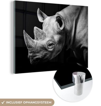 MuchoWow - Glasschilderij - Foto op glas - Schilderij glas - Acrylglas - Dieren - Neushoorn - Zwart - Wit - Muurdecoratie - 160x120 cm - Woonkamer - Wanddecoratie dieren - Woondecoratie