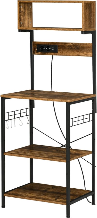 Keukenkastje, magnetronrek met 2 USB-poorten en 2 stopcontacten, 5 haken en verstelbare plank