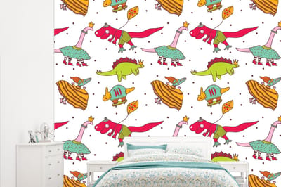 Behang - Fotobehang Patronen - Dino - Kleuren - Jongens - Kinderen - Kids - Kind - Breedte 315 cm x hoogte 260 cm