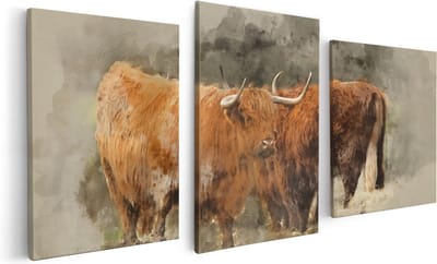 Artaza Canvas Schilderij Drieluik Twee Schotse Hooglander Koeien - Abstract - 120x60 cm - Wanddecoratie Woonkamer - Schilderijen - Muurdecoratie