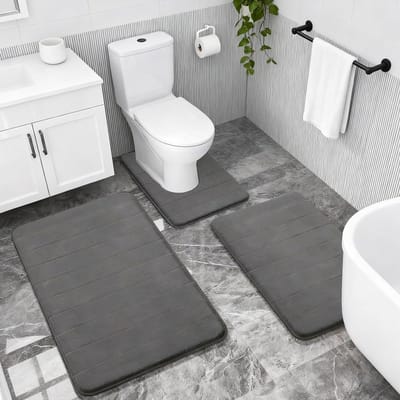 Zachte en Sneldrogende Badmat Set van 3 Stukken met U-Vormige Toiletmat, Antislip en Gerbera Patroon, 40 x 60 cm (Donkergrijs)