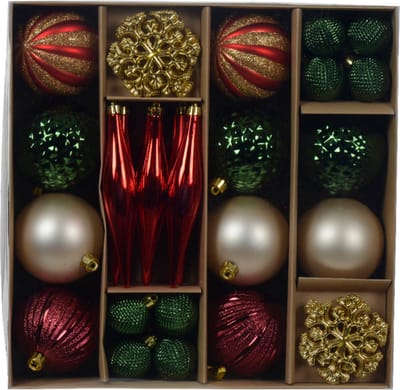 Decoris Kerstballen en ornamenten set -46-delig - rood/groen/champagne -kunststof - kerst