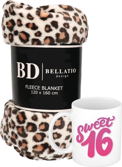 Cadeau verjaardag 16 jarige/ Sweet 16 set - Fleece plaid/deken luipaard print met Sweet 16 mok