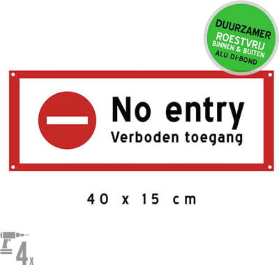 Pictogram/ bord Dibond + boorgaten | "No entry/ Verboden toegang" | 40 x 15 cm | Verbodsteken C2 | No entrance | Deurbord | Staff only | Dienst ingang | Medewerkers | Rood | Geen toegang | Tweetalig | ENG + NL | 1 stuk