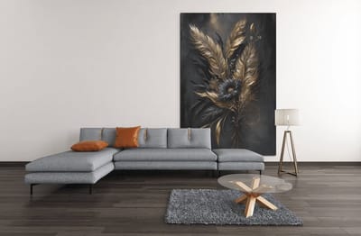 Canvas Schilderij - Bloemen - Goud - Zwart - Wanddecoratie - 60x40x2 cm