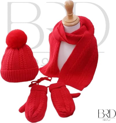 BRD® Kinder Winterset Rood - Gebreide Muts Sjaal & Wanten met koord - 3-Delig