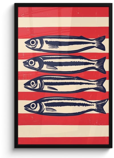 Poster in lijst - Fotolijst 60x90 cm - Posters - Sardines - Rood en beige strepen - Posterlijst zwart - Decoratie - Wanddecoratie woonkamer - Muurdecoratie slaapkamer