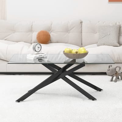 MODFU Salontafel 120×60×46 cm – Gehard veiligheidsglas met zwart metalen onderstel – Modern & open design – Stevig & stabiel – Glas & metaal – Zwart