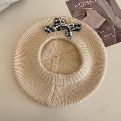 Japanse veelzijdige warme baret met strik, nieuwe winddichte hoed voor dames, casual en schattig, model schildersbaret. One Size beige