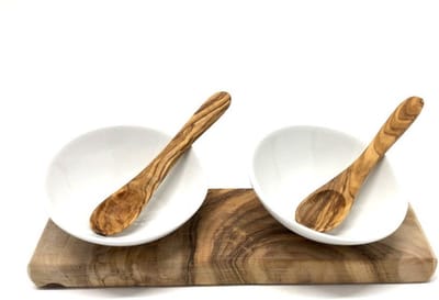 D.O.M. Dipschalen Set 2-delig – Porseleinen Snackschalen (10 cm) met Olijfhouten Basis & 2 Lepels - Tapasschalen