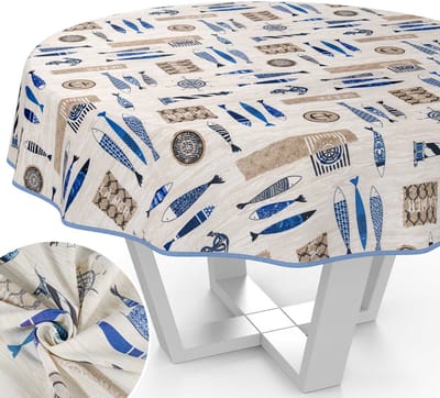 ANRO Tafelkleed Maritiem Blauw Rond Ø140cm Met sierband Afwasbaar Waterafstotend Binnen & Buiten