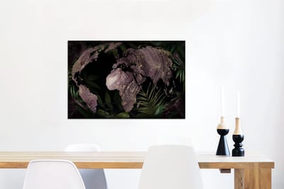 Aluminium schilderij 90x60 cm - Wanddecoratie metaal - Wereldkaart - Paars - Goud - Metalen muurdecoratie woonkamer - Decoratie industrieel - Foto op dibond - Industriële accessoires slaapkamer