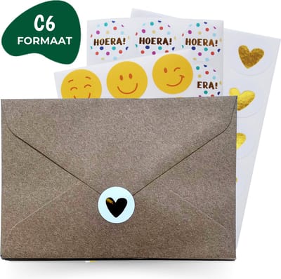 Enveloppen C6 - Kraft - 12 Stuks - 45 Sluitstickers - Smiley - Hartjes - Hoera