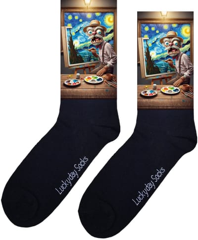 LuckyDay Socks - Kunstsokken van Gogh - Karikatuur - Kunstenaar - Sterrennacht - Verjaardag cadeau - Kunst sokken - Vrolijke sokken - Schilderij sokken - Grappige sokken - Leuke dames en heren sokken - Moederdag - Vaderdag - Maat 37-44