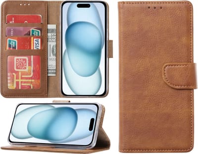 Hoesje Geschikt voor iPhone 15 Plus – portemonnee bookcase met pasjeshouder – Bruin