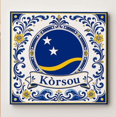 Curaçao Kòrsou Decoratieve Tegel 11cm X 11cm – Caribisch Vlag Design met Delfts Blauwe Bloemenrand – Keramische Eiland Souvenir Cadeautegel