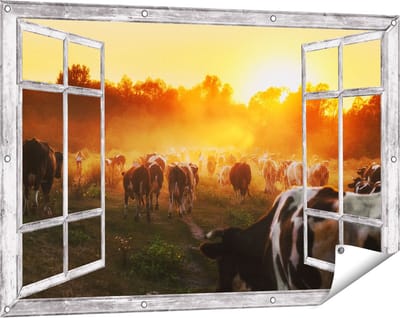 Gards Tuinposter Doorkijk Kudde Koeien in Weiland bij Zonsondergang - 120x80 cm - Tuindoek - Tuindecoratie - Wanddecoratie buiten - Tuinschilderij