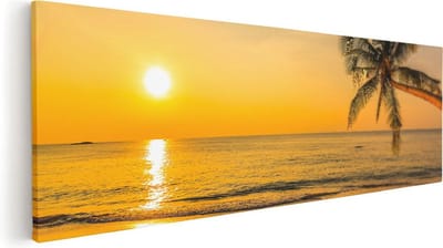 Artaza Canvas Schilderij Zonsondergang Strand - 60x20 cm - Wanddecoratie Palmboom - Muurdecoratie Zee - Kamer Accessoires Woonkamer