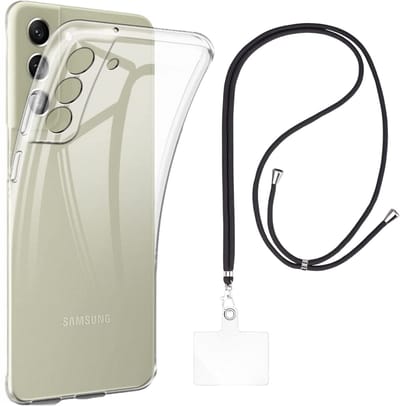 Set met hoesje en nekband voor Samsung Galaxy s21 fe 5g - Flexibele, transparante TPU-bescherming, verstelbare universele nekband voor mobiele telefoons, zwarte nekband, transparante draagriem van Phonillico®