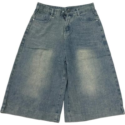 Heren Korte Jeans Mid-rise Wijde Pijp Denim Broek met Zakken Knoop Ritssluiting Retro Gewassen Mid-kuit Jeans L gray
