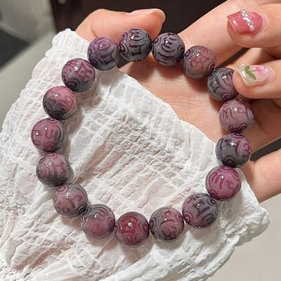 Bracelet de perles de racine de Bodhi violette naturelle, perles bouddhistes, chapelet, bijoux porte-bonheur sculptés gray
