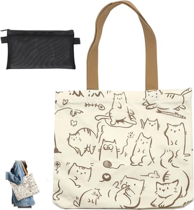 Allecto Plus - Schoudertas Met Kat Ontwerp voor Vrouwen | Grote Canvas Shopper met Rits en Zakken | Herbruikbare Tas met Mesh Zak | Cadeau voor Kattenliefhebbers