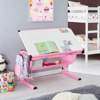 Kinderbureau SARI, kantelbaar en in hoogte verstelbaar, in wit/roze