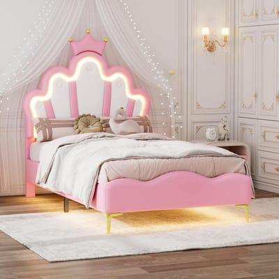 Plat tweepersoonsbed, kroonvormig prinsessenbed, verstelbare led-omgevingslichtstrip, zachte bekleding van PU-leer (roze, 90 x 200 cm)
