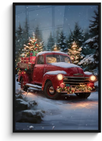Poster in lijst - Fotolijst 80x120 cm - Posters - Kersttruck - Sneeuwbos - Rood - Posterlijst zwart - Decoratie - Wanddecoratie woonkamer - Muurdecoratie slaapkamer - Kerstversiering - Kerstdecoratie voor binnen - Kerstmis
