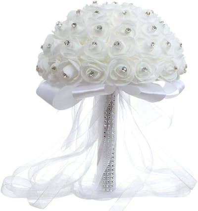 Bruidsboeket Rozen - Kunstboeket Parel - Bruiloft Decoratie - Meer dan 25 Rozen - 28 cm Hoogte - Wit