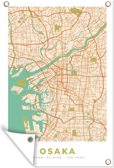 Muurdecoratie Osaka - Stadskaart - Vintage - Plattegrond - Kaart - 120x180 cm - Tuinposter - Tuindoek