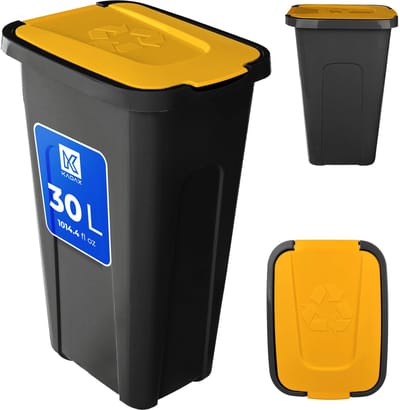 KADAX Vuilnisemmer voor afvalscheiding, 30 liter, robuuste afvalcontainer met luchtdicht klapdeksel, afvalcontainer voor afvalscheidingssysteem, afvalemmer van kunststof (1, geel deksel)