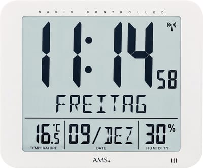 AMS F5886 - Wandklok - Tafelklok - Digitaal - Kunststof - Radiogestuurde tijdsaanduiding - LCD - Temperatuur - Vochtigheid - Wit We houden alle data bij tot 28 dagen