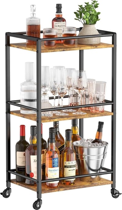 Multifunctionele Drank Trolley – Serveerwagen – Bar Cart – 3 Laags – Extra Stevig – Vernieuwd Design – Rustiek Bruin