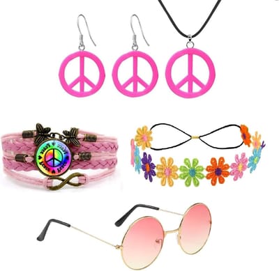 Retro Hippie Kostuum Accessoires Set voor Feesten, Carnaval en Themadagen - Inclusief Hoofdband, Zonnebril en Sieraden