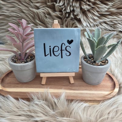 Robuust Wenstegeltje – Liefs – Hip trendy tegeltje – Cadeau voor Nieuwe Woning, Housewarming of Gezinscadeau – Sfeervol en Persoonlijk - Vriend(in) – Trendy nu – Origineel cadeau – Decoratief Tegeltje met Standaard – Cadeau Idee