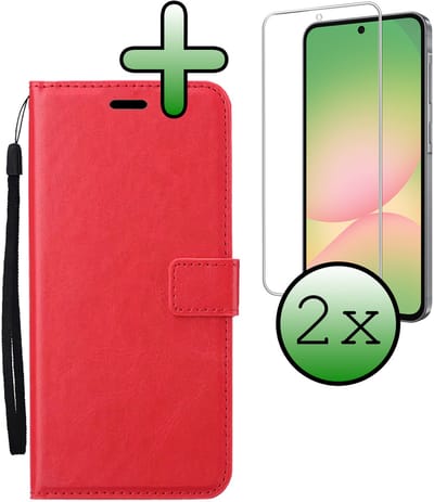 Hoesje Met 2x Screenprotector - Geschikt voor Samsung Galaxy A56 - Luxe Pasjeshouder - Bookcase Portemonee - Flip Case - Kunstleer Book Case - Flipcase Hoes - Book Cover - Walletcase - Portemonneehoes - Rood